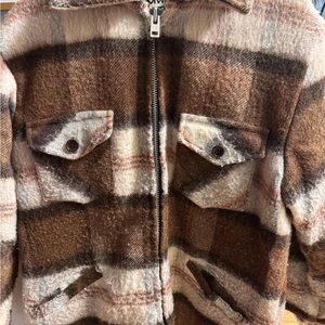 Men's Brown and Cream Plaid Shirt Jacket